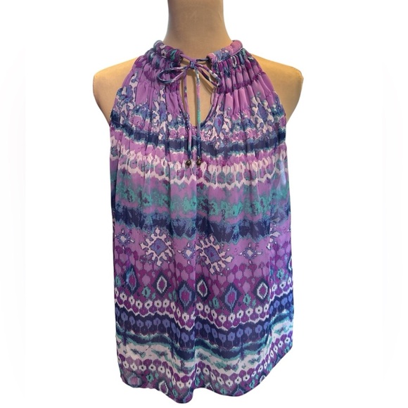 Anthropologie Adiva Purple Boho Pattern Halter Style Top Front Tie Lined Medium. - Picture 1 of 10